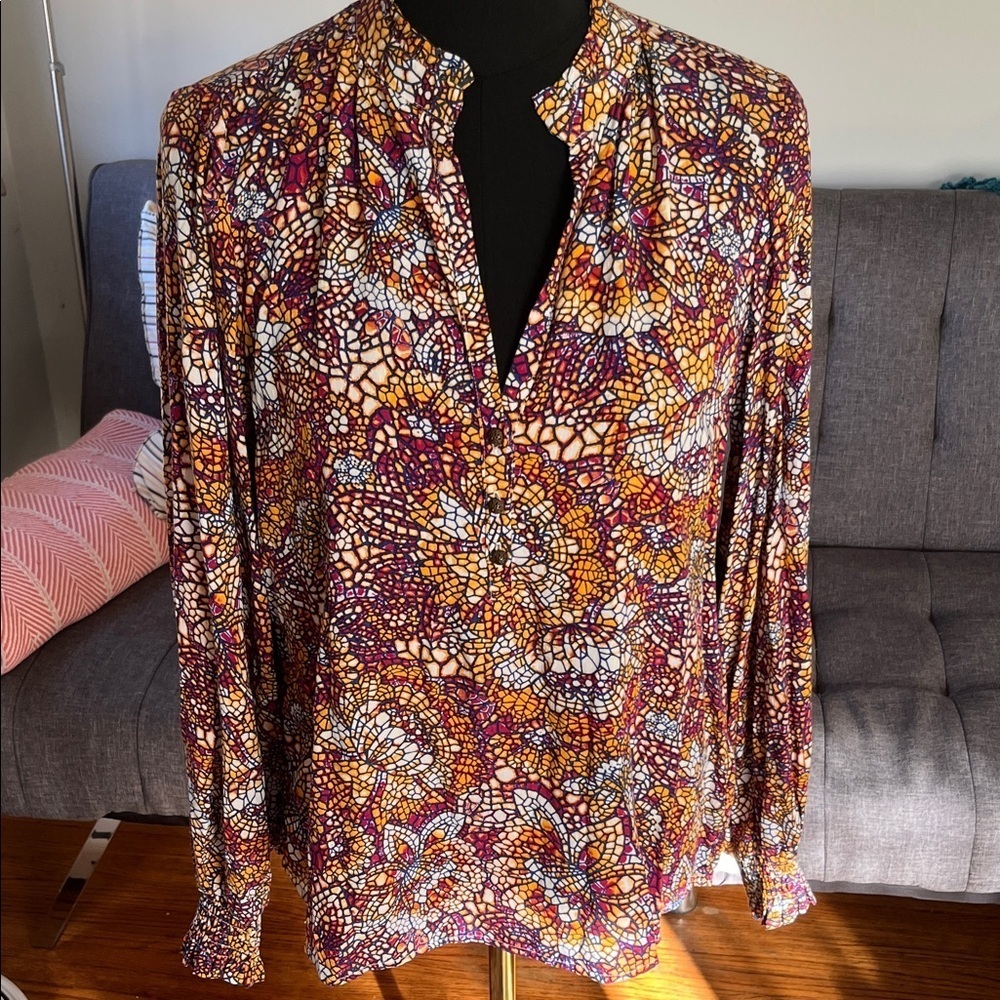 Anthropologie Maeve Purple and Orange Stained glass Patterned Blouse Size XS